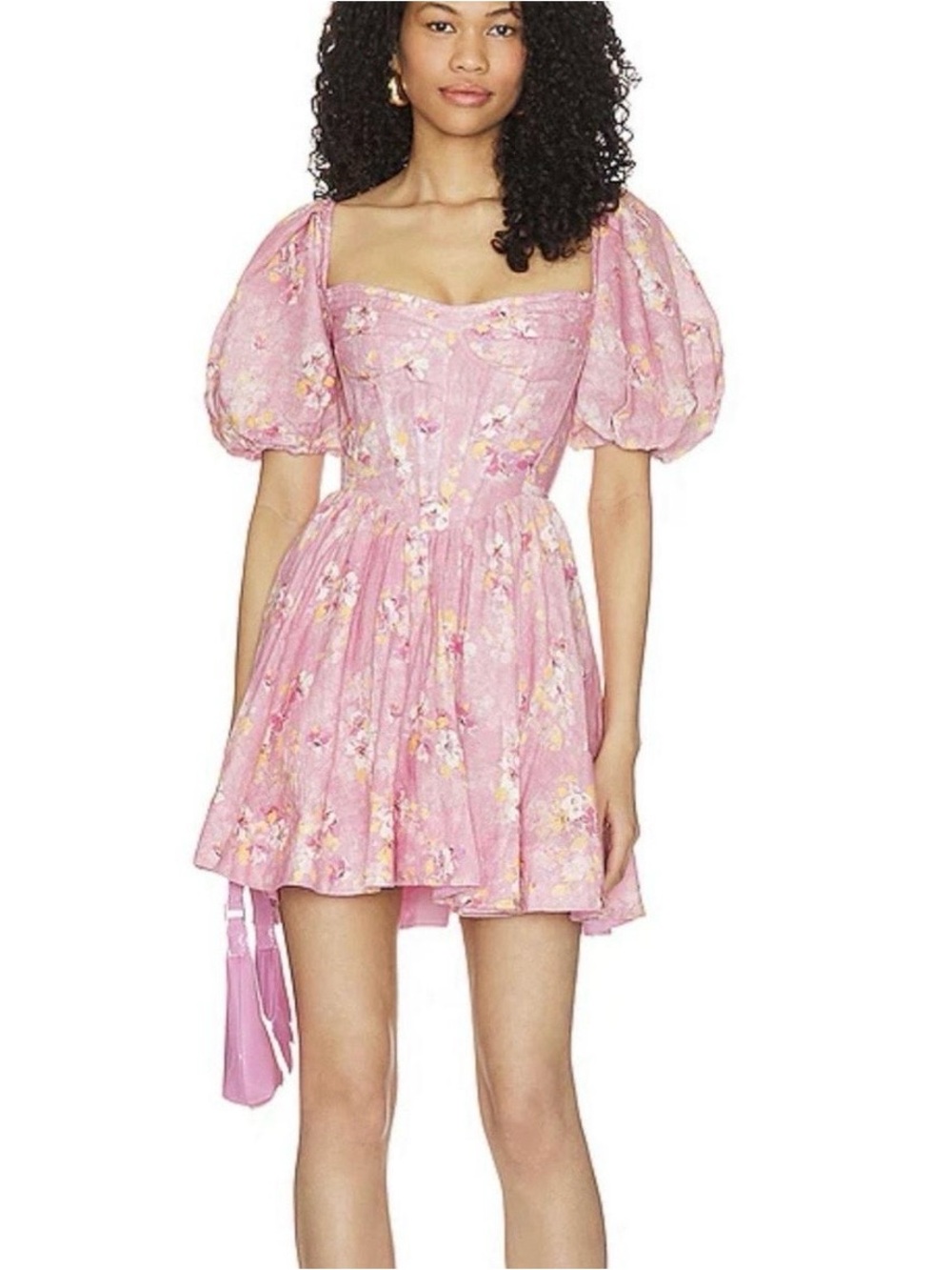 Bardot Pink Floral Puff-Sleeve Mini Dress
